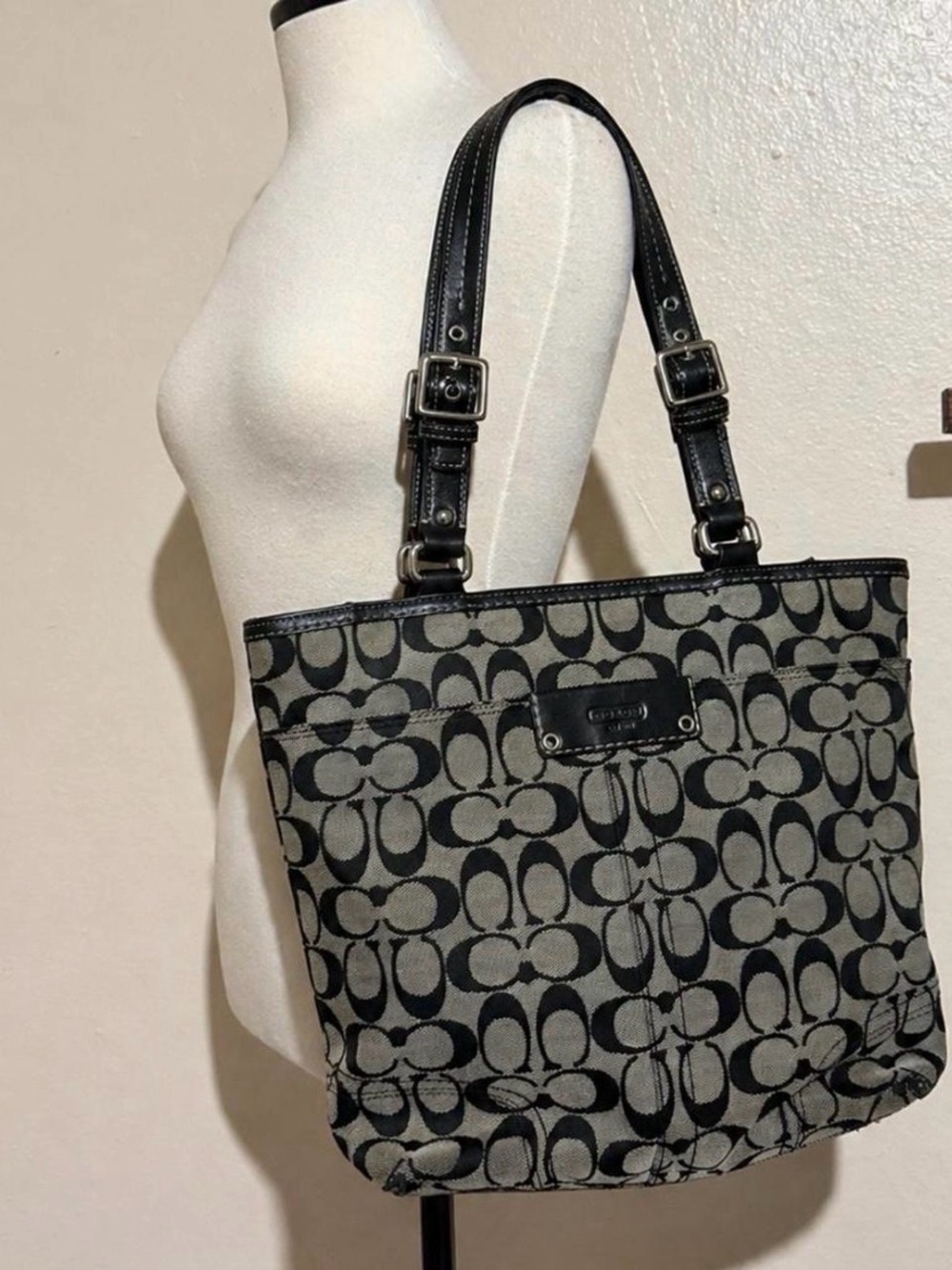 Coach Black and Gray Signature Canvas Shoulder Tote